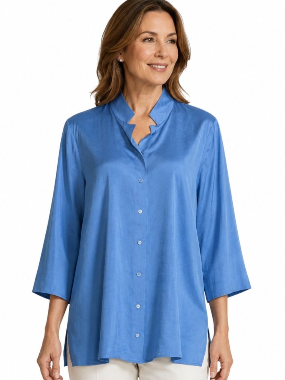 Eileen Fisher Blue 100% silk Button Front Tunic Blouse